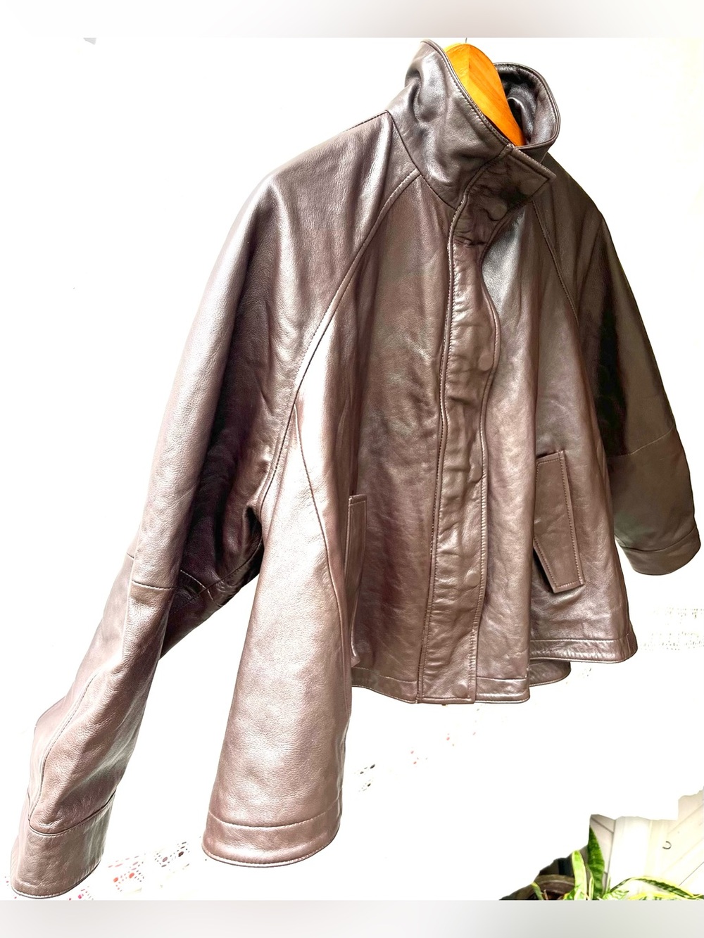Zara 100% Leather Bomber Jacket High Neck Long Sleeves Cuffs Brown Medium NEW - Picture 8 of 16